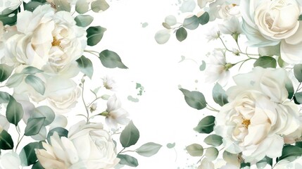 Wall Mural - watercolor illustration of white rose flowers and leaves