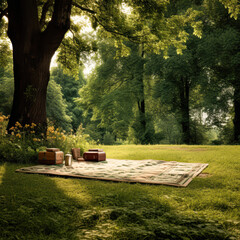 Poster - A green rug is laid out in a grassy field with a cup and a book nearby