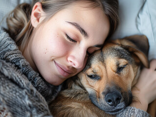 Wall Mural - A woman is sleeping with her dog