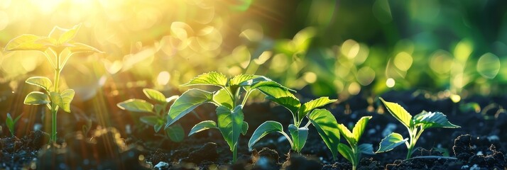 Wall Mural - Vibrant young green plants sprouting and growing in fertile soil under the warm rays of the sun,representing new life,growth,and the agricultural nature.