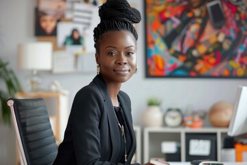 A black businesswoman poses for a portrait at her desk