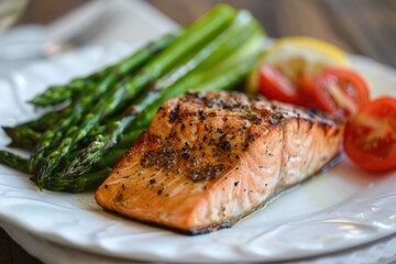Wall Mural - A beautifully arranged plate of grilled salmon with a side of asparagus