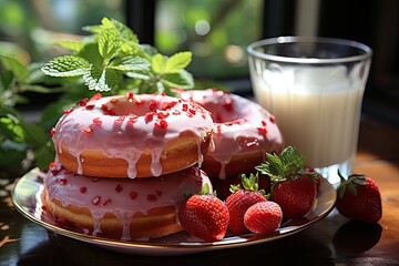 Strawberry donuts with fresh syrup in appetizing table., generative IA