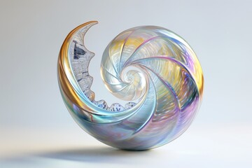 Fototapete - 3D rendering of an iridescent glass spiral floating on a white background, with intricate details and shifting colors creating a mesmerizing effect (18)
