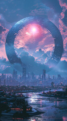 Wall Mural - A futuristic cityscape with a large, glowing, alien-like structure in the sky