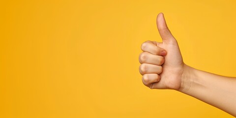 Thumbs Up Gesture Against Yellow Background with copy-space.