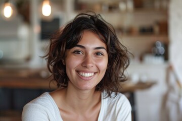 Happy dark skinned woman with shaggy hair smiling indoors.