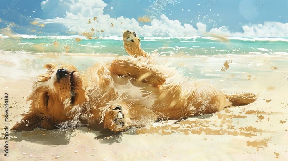 Golden retriever enjoying the beach. A happy golden retriever rolling ...