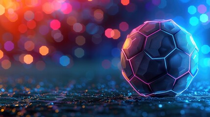 Sticker - A soccer ball with a red and blue design is on a blue background. The ball is surrounded by a mesh of blue and red lines, giving it a futuristic and abstract appearance. Scene is one of creativity