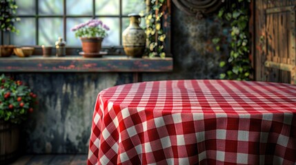 Red and White Checkered Tablecloth on Rustic Table