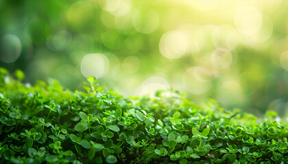 Wall Mural - green leaves and grass over bokeh blur nature background