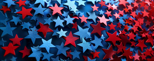 Wall Mural - Independence Day USA background with a bold, modern design featuring overlapping stars in red, white, and blue.