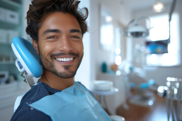 Portrait of happy male patient smiling at camera while sitting in dental office