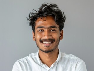 Portrait of a joyful indian man in his 20s smiling at the camera isolated in soft gray background