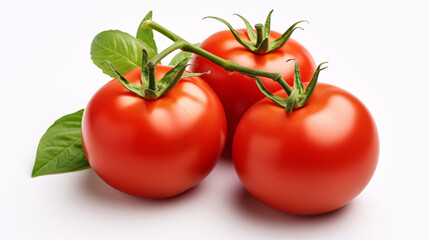 Tomato isolated. Tomato whole, half, on white background. Tomatoes with green basil leaves. Clipping path. Full depth of field