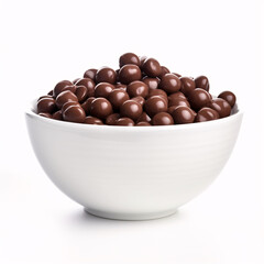 Chocolate cereal balls in a bowl isolated on white background.