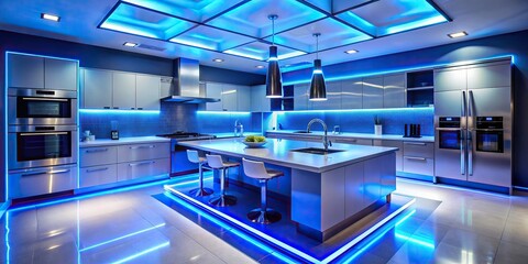 Wall Mural - Futuristic kitchen with blue neon lighting, sleek countertops, and high-tech appliances, futuristic, kitchen, blue, neon