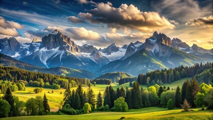 Wall Mural - Beautiful landscape with majestic mountains in the background, scenic, nature, outdoor, adventure, view, scenery, peak