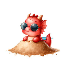 Wall Mural - Cute Red Dragon Beach Clipart: Fantasy Character Illustration