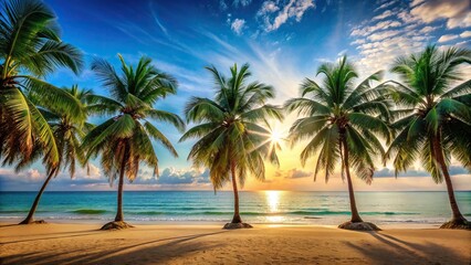 Wall Mural - Tropical beach scene with palm tree silhouettes, ideal for summer vacation and travel concepts, tropical, beach