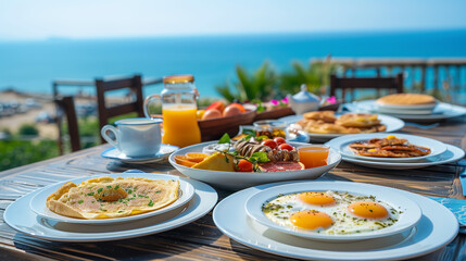 Wall Mural - A delightful breakfast spread on a wooden table by the beach, featuring fresh juice, eggs, and pancakes with a stunning ocean view.