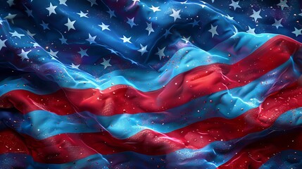 A flag with stars and stripes is shown in a blue and red color. The flag is waving in the air, giving a sense of freedom and patriotism