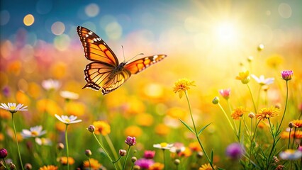 Wall Mural - Butterfly flying in sunny field of flowers , Butterfly, flying, field, flowers, sun, warm, inviting, atmosphere, peaceful