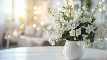 Sticker - White flowers in a vase on a white table in a festive home setting