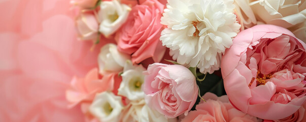 Wall Mural - Mother's Day background with a pink and white color scheme featuring roses and peonies.