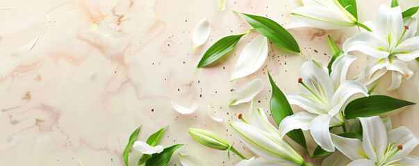 Wall Mural - Mother's Day background with a simple, elegant design featuring lilies and soft green leaves.