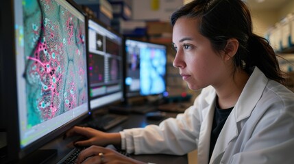 pathology slide review: biomedical analyst in a detailed image, identifying disease patterns.