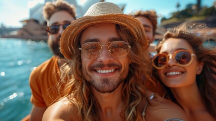 Poster - design an image of a multinational team of coworkers taking a group selfie in sydney