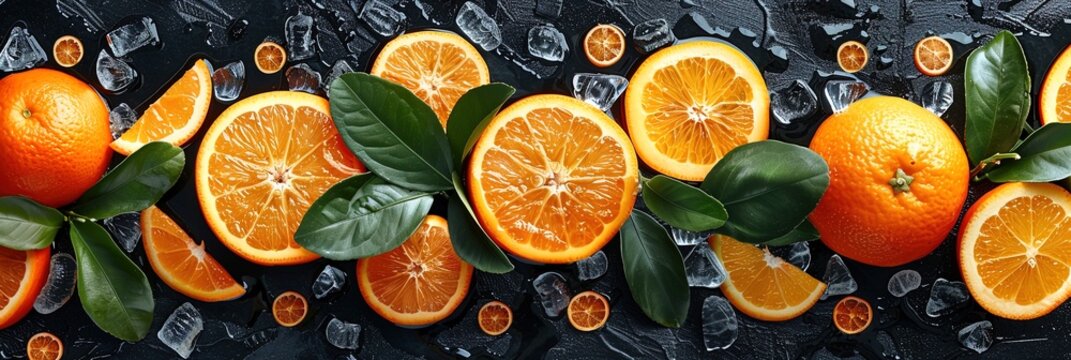 A row of oranges with green leaves on top