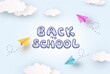 © Kindlena - Back to school blue sky background. 3d flying colorful paper airplanes. Vector origami toys, cartoon kids planes in air on education poster, banner, cover