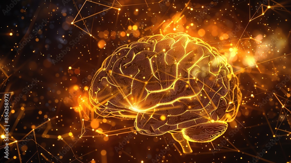 Glowing digital illustration of a human brain with orange network ...