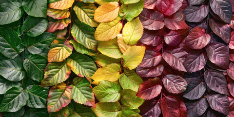 Colorful autumn leaves arranged in a vibrant, layered pattern showcasing different shades of red, yellow, green, and purple.