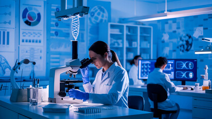 Female research team studying DNA mutations. Computer screens with DNA helix in foreground, Generated ai