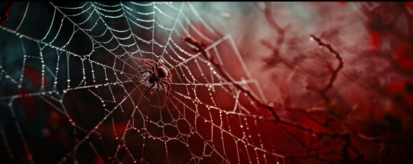 Wall Mural - Halloween background with cobwebs as symbols of Halloween on the background of a scary forest. Halloween concept. Halloween web and spiders for greeting card, poster, banner.