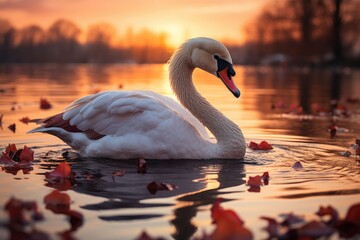 Wall Mural - Lonely Swan slides down a twilight lake, reflecting serenity., generative IA