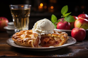 Golden apple pie with melting ice cream., generative IA