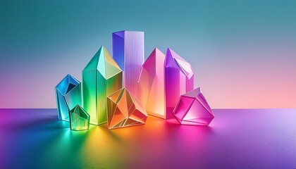 Wall Mural - modern abstract banner with refractive crystal shapes vibrant multicolored 3d render with copy space