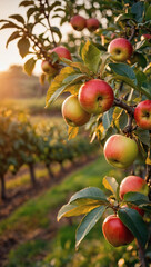 Fruit farm scene, apple trees, natural apples on branch in golden hour.