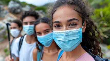 Poster - Hiking trail Depict hikers wearing masks while trekking along forest trails or climbing rocky paths, with backpacks and hiking poles