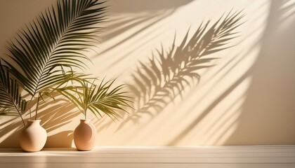 Wall Mural - blurred shadow from palm leaves on light cream wall minimalistic beautiful summer spring background for product presentation