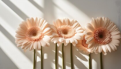 Wall Mural - delicate pale peach gerbera flower stems on white background aesthetic close up view floral composition with sunlight shadows and copy space