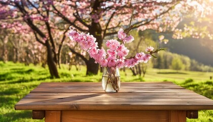 Wall Mural - a wooden table with a vase of pink flowers on it