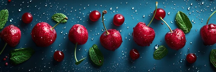 Wall Mural - A row of red cherries with green leaves on top of a blue background
