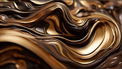 Poster - Abstract background of wavy, flowing brown and gold liquid textures, creating a mesmerizing, elegant, and dynamic design