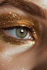 Poster - Woman's eye with glittery gold eyeshadow make-up, close up macro detail, beauty and cosmetics product concept background.