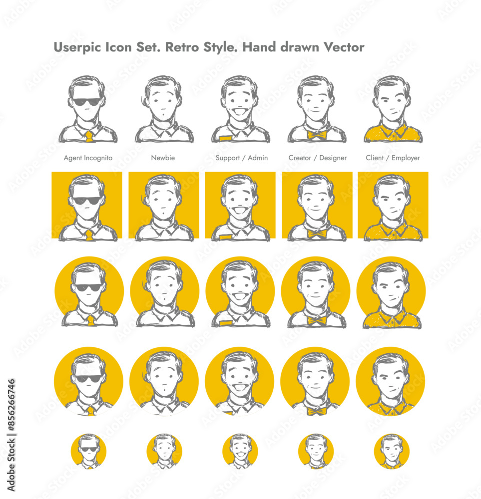 Web Roles Icons Userpic Icon Set vector. Retro hand drawn sketch style. User interface ...